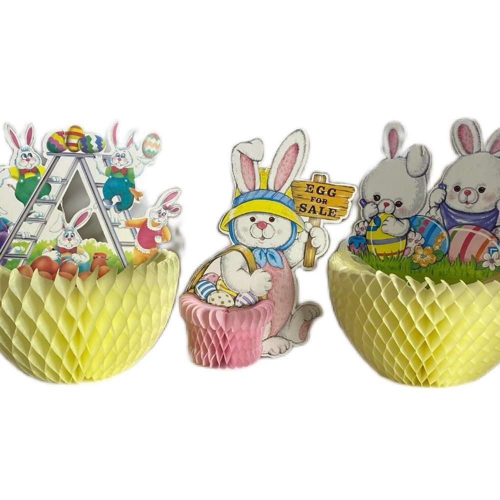 Vintage Easter Bunny Honeycomb Decorations Lot of 3
